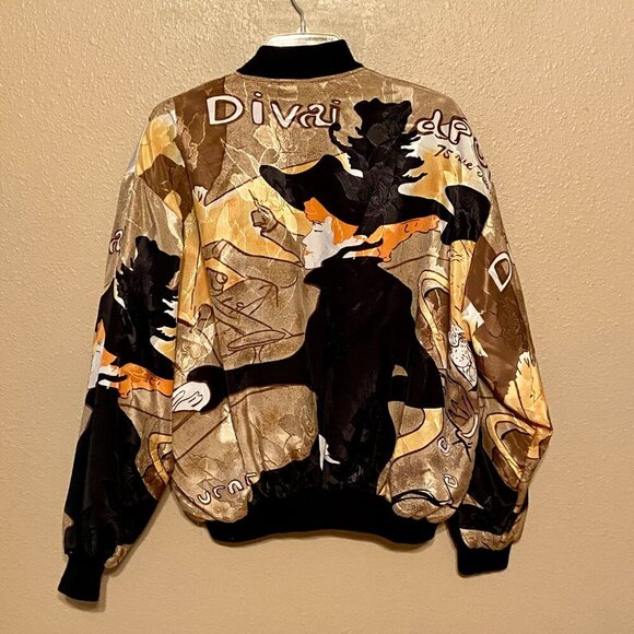 Vtg Candy Nelson Silk Bomber Jacket French Art Full Zip Satin Gold Brown Med/Lrg - Picture 2 of 5